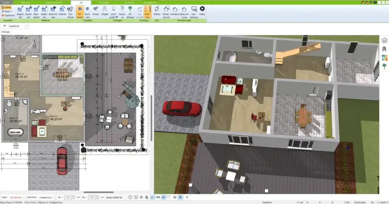 3D-Plan eines modernen Atrium Hauses mit Innenhof, roten Auto und Gartenmöbeln.