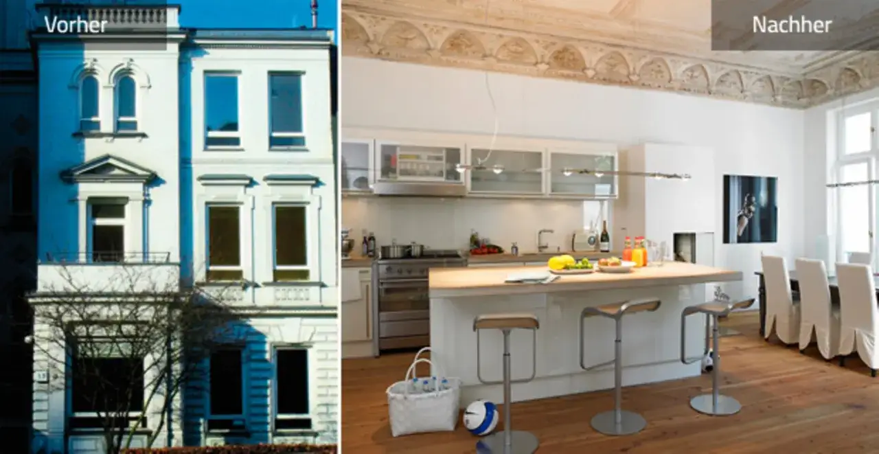 Vorher-Nachher-Vergleich: Ein altes Siedlungshaus modernisieren. Au&szlig;enansicht des Geb&auml;udes und eine helle, moderne K&uuml;che mit Kochinsel.