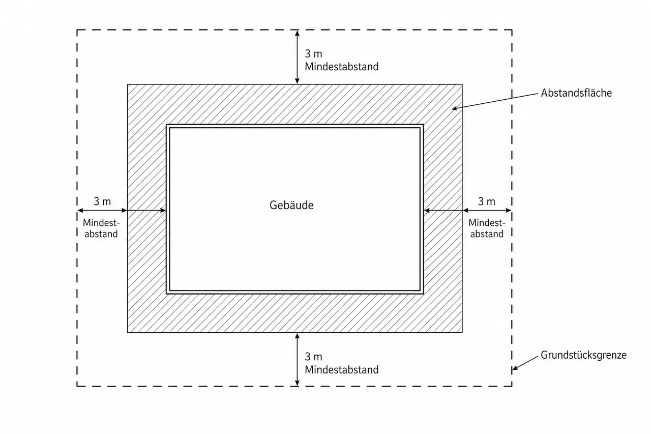 Schema zeigt ein Geb&auml;ude mit einer 3m Mindestabstand-Zone drumherum. Die Grundst&uuml;cksgrenze ist weiter au&szlig;en.