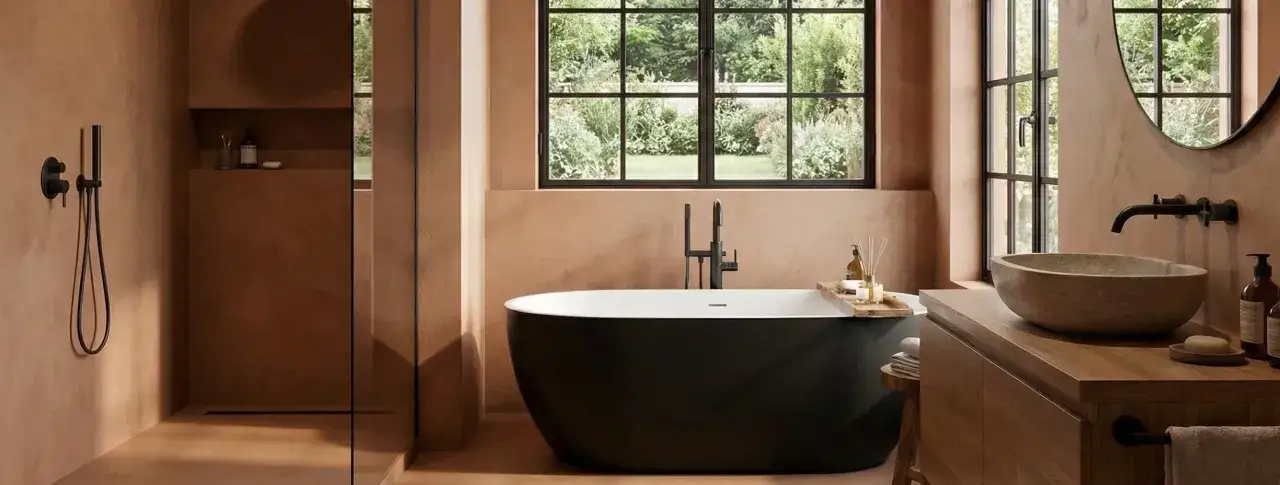 Ein modernes Badezimmer mit Tadelakt-W&auml;nden, freistehender schwarzer Wanne und Steinwaschbecken. Ein Fenster gibt den Blick auf einen &uuml;ppigen Garten frei.