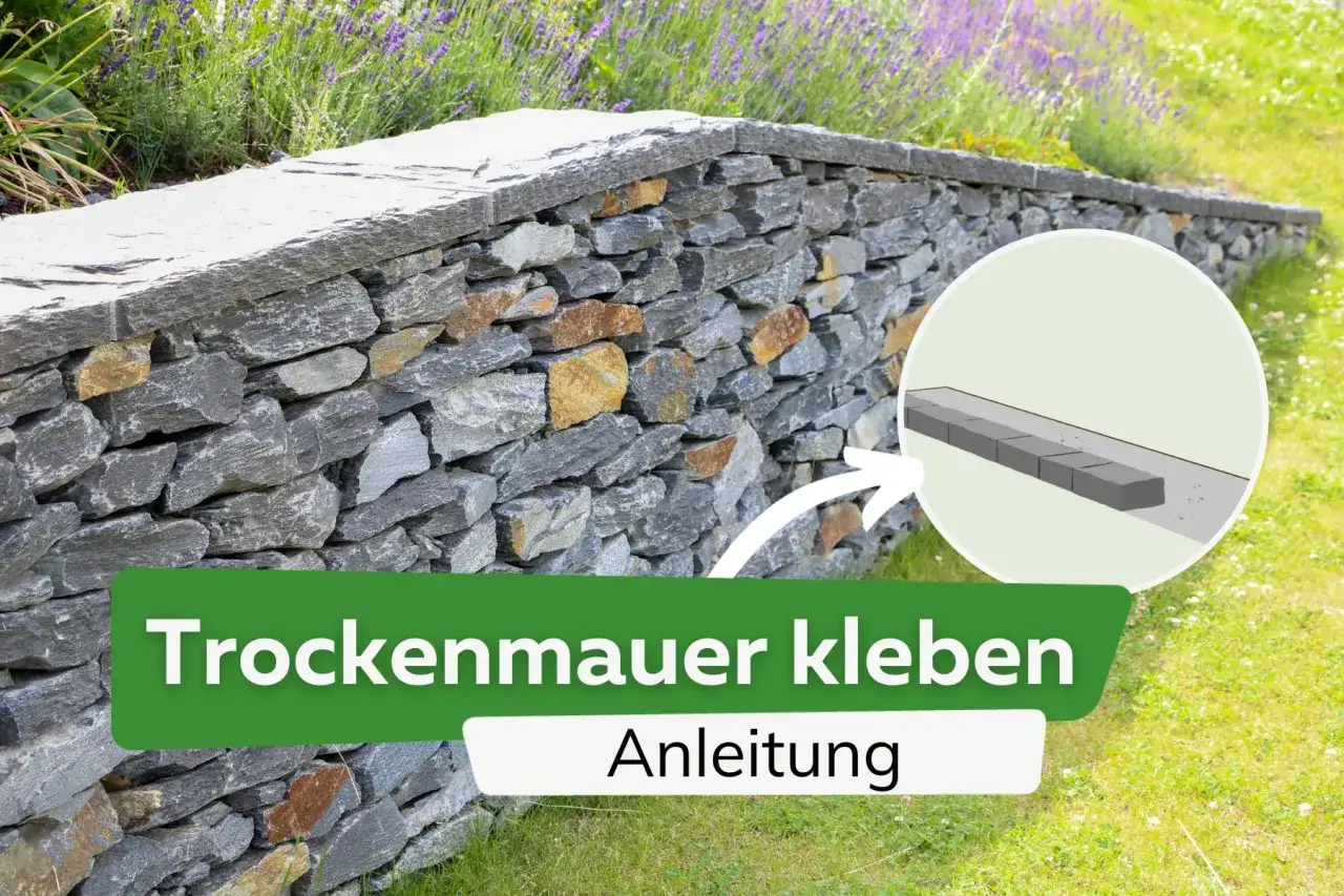 Anleitung zum Trockenmauer kleben: Eine detaillierte Darstellung zeigt, wie Mauersteine für eine stabile Trockenmauer verklebt werden.
