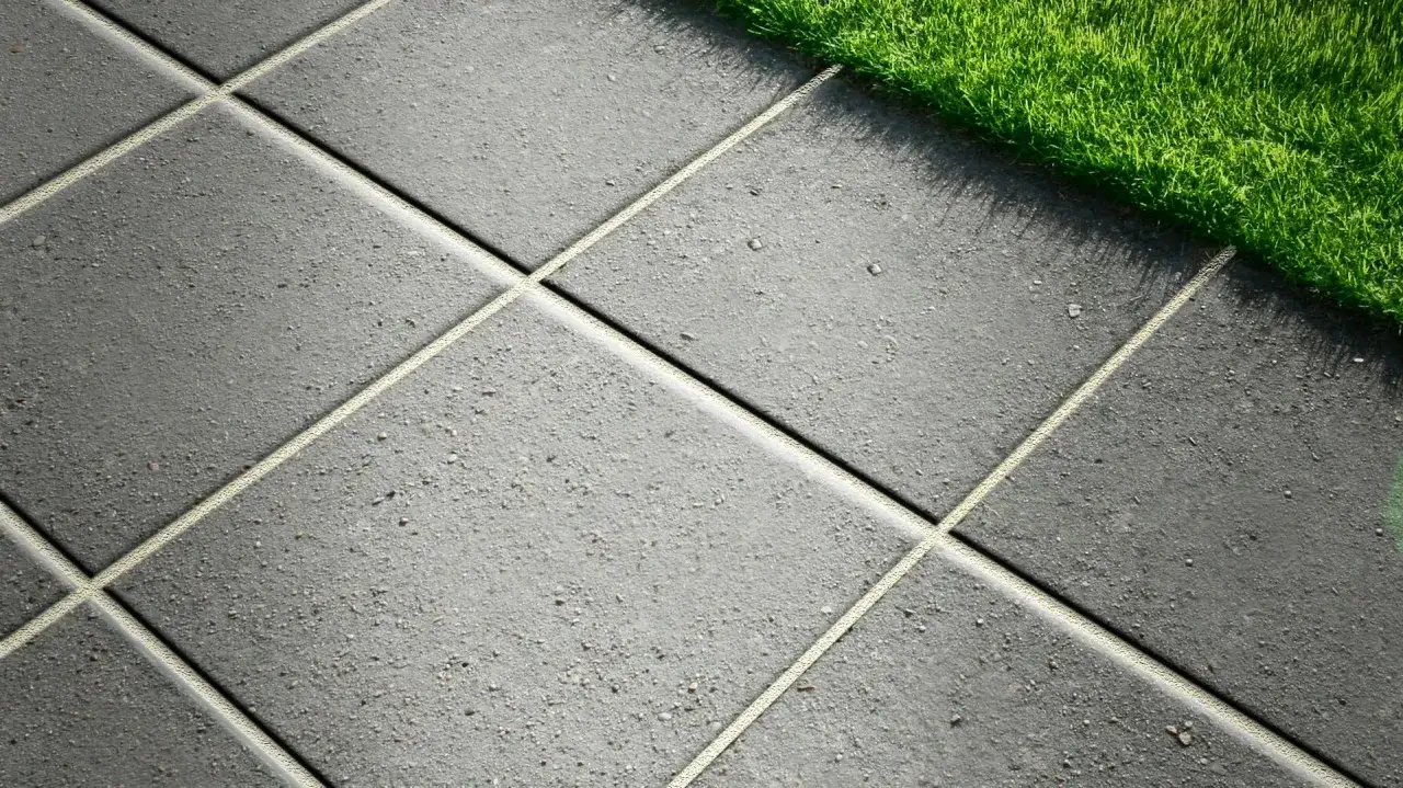 Nahaufnahme von grauen Terrassenplatten mit hellen Fugen. Daneben w&auml;chst gr&uuml;ner Rasen.
