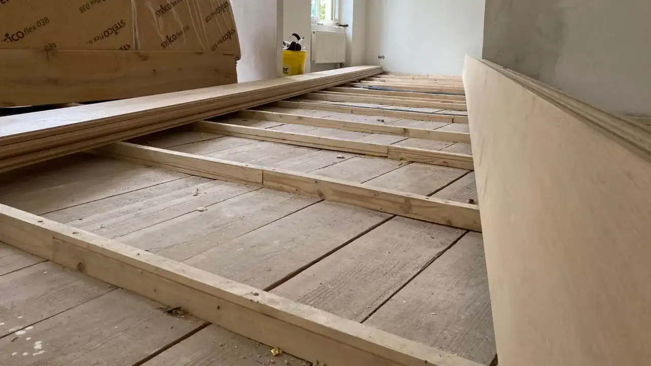 Holzbalken f&uuml;r den Ausgleich eines Dielenbodens liegen bereit. Neue Holzplatten stapeln sich daneben.