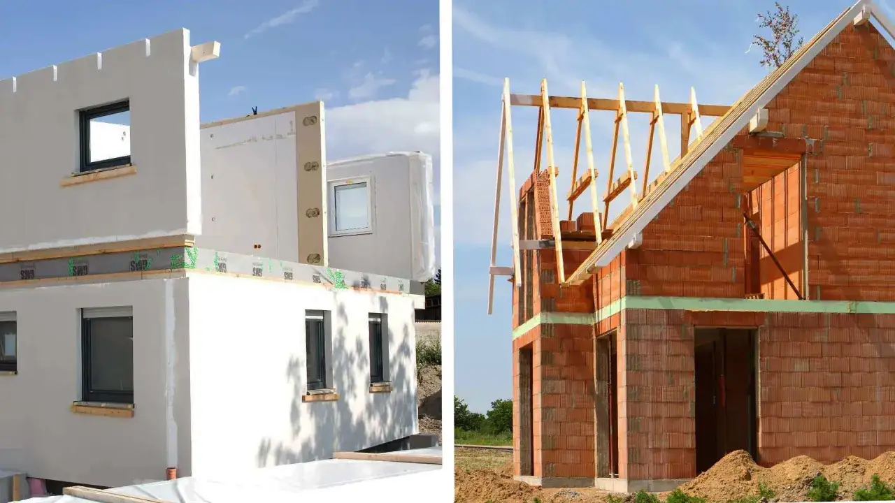 Zwei Bauphasen eines Hauses: Fertigteilbauweise links, Ziegelbauweise rechts. Perfekt f&uuml;r Ihre hausbau checkliste.