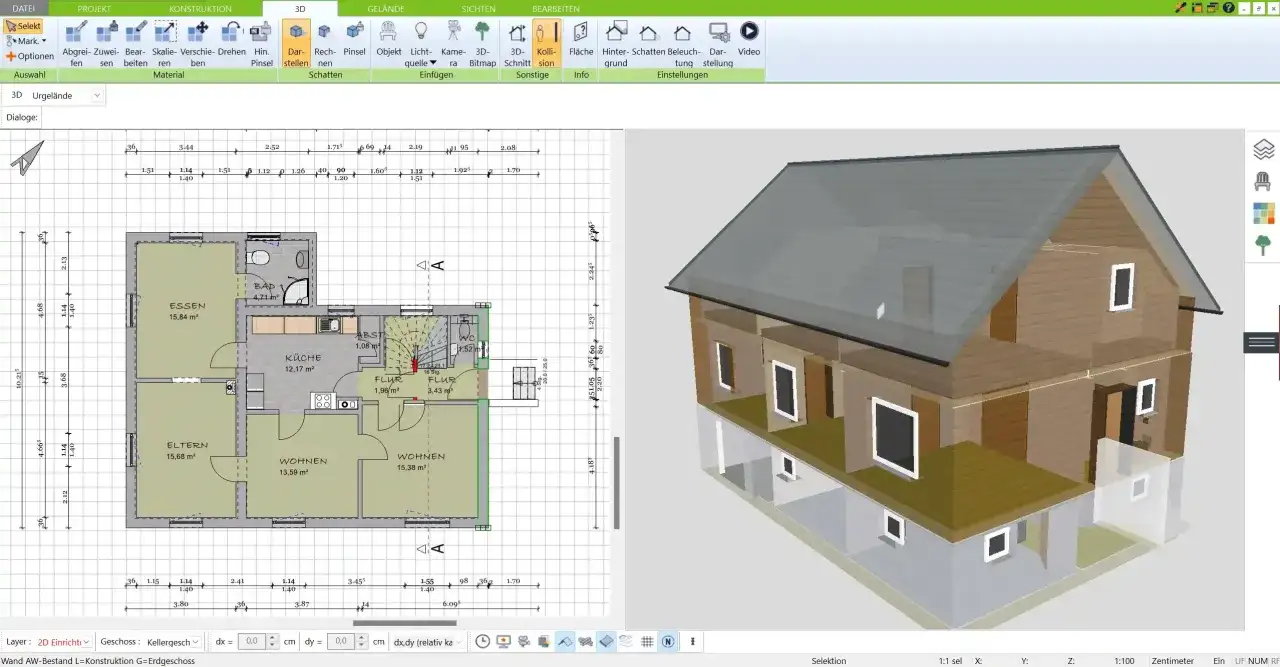 Ein 3D-Modell eines Hauses neben einem detaillierten architektur grundriss mit Ma&szlig;en und Raumbezeichnungen.