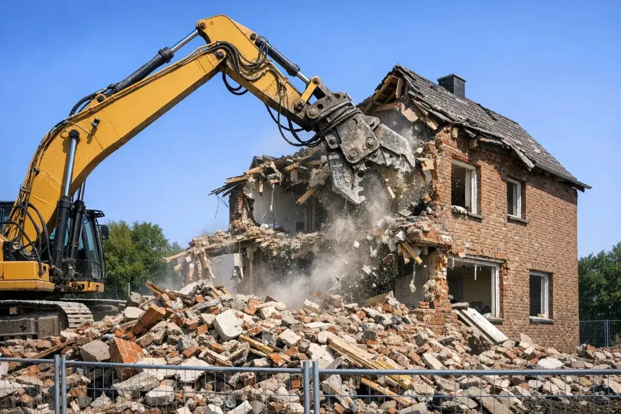 Ein Bagger reißt ein Ziegelhaus ab. Staub wirbelt auf, während die Abrisskosten steigen.