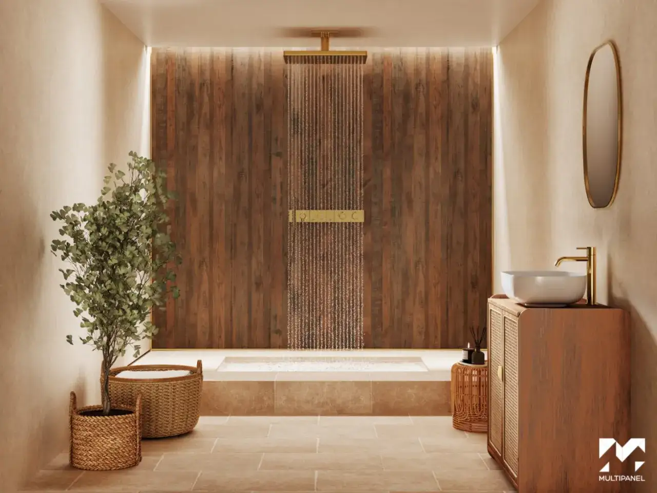 Modernes bad ohne fliesen mit Holzwand, bodentiefer Dusche und Waschbecken auf Holzm&ouml;bel. Nat&uuml;rliche Materialien schaffen eine warme Atmosph&auml;re.