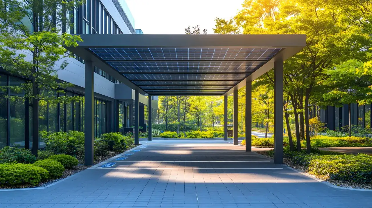 Moderner solar carport mit Photovoltaik-Dach, ideal f&uuml;r die Baugenehmigung. Sonnige Parkpl&auml;tze vor einem B&uuml;rogeb&auml;ude.
