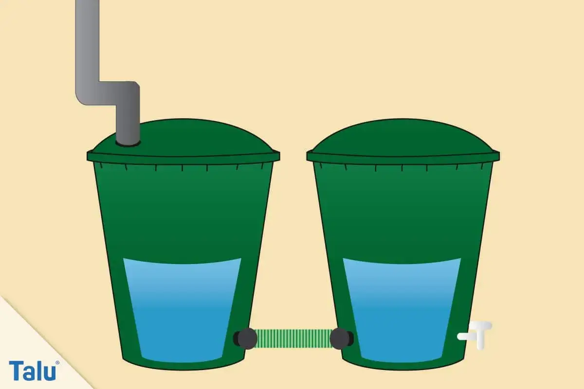 Zwei grüne Regentonnen sind verbunden, um mehr Regenwasser zu sammeln. Ein Rohr leitet Wasser in die erste Tonne.