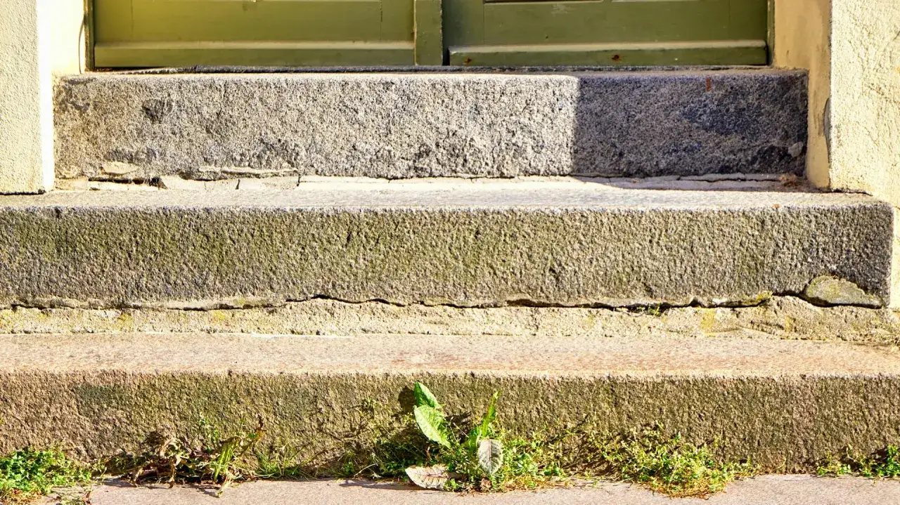 Alte, rissige Steinstufen warten darauf, dass man ihre betontreppe sanieren kann. Moos und Gras wachsen zwischen den Fugen.