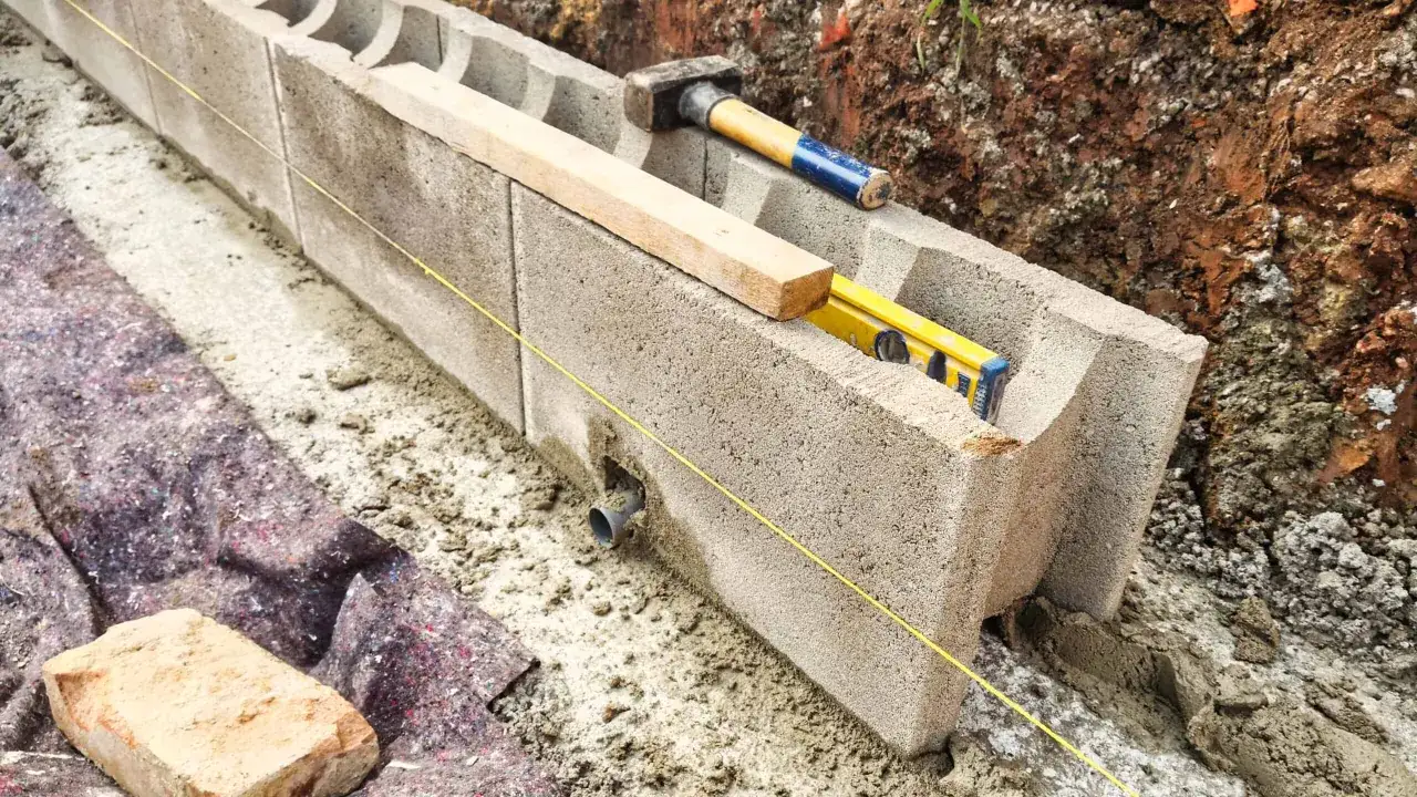 Bauarbeiten mit Betonsteinen. Ein Hammer und eine Wasserwaage liegen auf den Steinen. Die Nachteile von Styropor-Schalungssteinen sind hier nicht sichtbar.