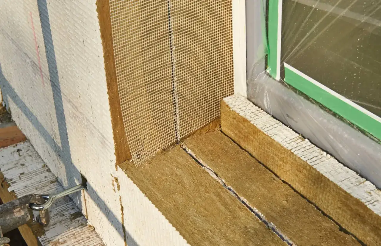 Fensterlaibung wird mit Steinwolle ged&auml;mmt. Das Material wird mit Kleber befestigt, bevor ein Armierungsgewebe angebracht wird.