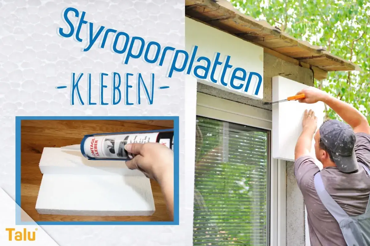Styroporplatten kleben: Ein Mann befestigt eine Styroporplatte am Haus. Daneben eine Hand mit Kleberpistole.