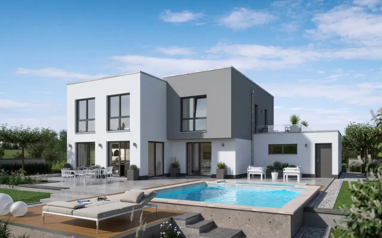 Ein modernes Haus mit Pool und Terrasse. Ein stilvolles, zweistöckiges Gebäude mit großen Fenstern und einer grauen Akzentwand.