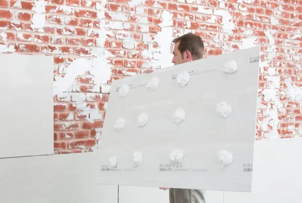 Mann hält Gipskartonplatten mit Klebepunkten, um sie auf unebener Wand zu befestigen.