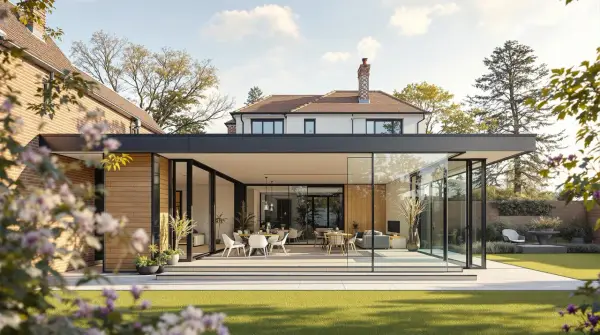 Ein modernes Haus mit Glasfronten und Holzakzenten, das auf eine gepflegte Rasenfläche blickt. Innen sind Ess- und Wohnbereiche zu sehen.