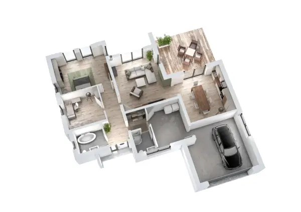 Architektur Grundriss einer modernen Wohnung mit Schlafzimmer, Wohnbereich, Küche, Bad und Garage.