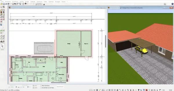 Bauplan eines Bungalows mit Garage und Carport. Die grenzbebauung garage ist im Plan detailliert.