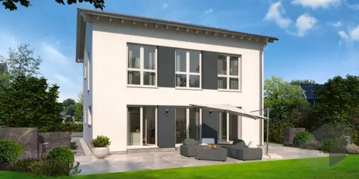 Moderne Stadtvilla mit Satteldach, großen Fenstern und einer gemütlichen Terrasse mit Lounge-Möbeln.