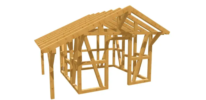 Holzkonstruktion eines Gartenhauses im Fachwerkstil. Ein kostenloser Gartenhaus Bauplan, der die Ständer, Balken und Dachsparren zeigt.